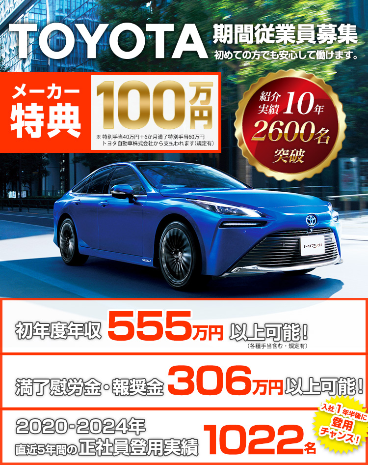 トヨタ自動車株式会社の期間従業員募集中！工場勤務が初めての方でも安心して働けます。